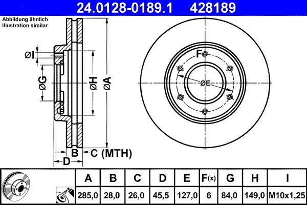ATE  24.0128-0189.1 Brzdový kotouč Zesílený brzdový kotouč: 28,0mm, Počet děr: 6, R: 285,0mm, R: 285,0mm