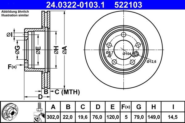 ATE PowerDisc 24.0322-0103.1 Bremsscheibe Bremsscheibendicke: 22,0mm, Lochanzahl: 5, Ø: 302,0mm, Ø: 302,0mm