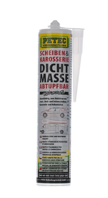 Sellador de parabrisas y vídrio PETEC 83300 para auto (negro, no endurecible, elástico permanente, rebarnizable, Cartucho, Contenido: 310ml)